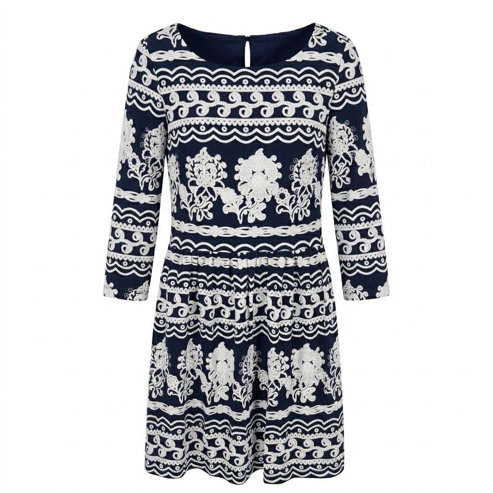 Trulli Navy Blue White‎ Floral Scroll 3/4 Sleeve Fit & Flare Dress Size 10